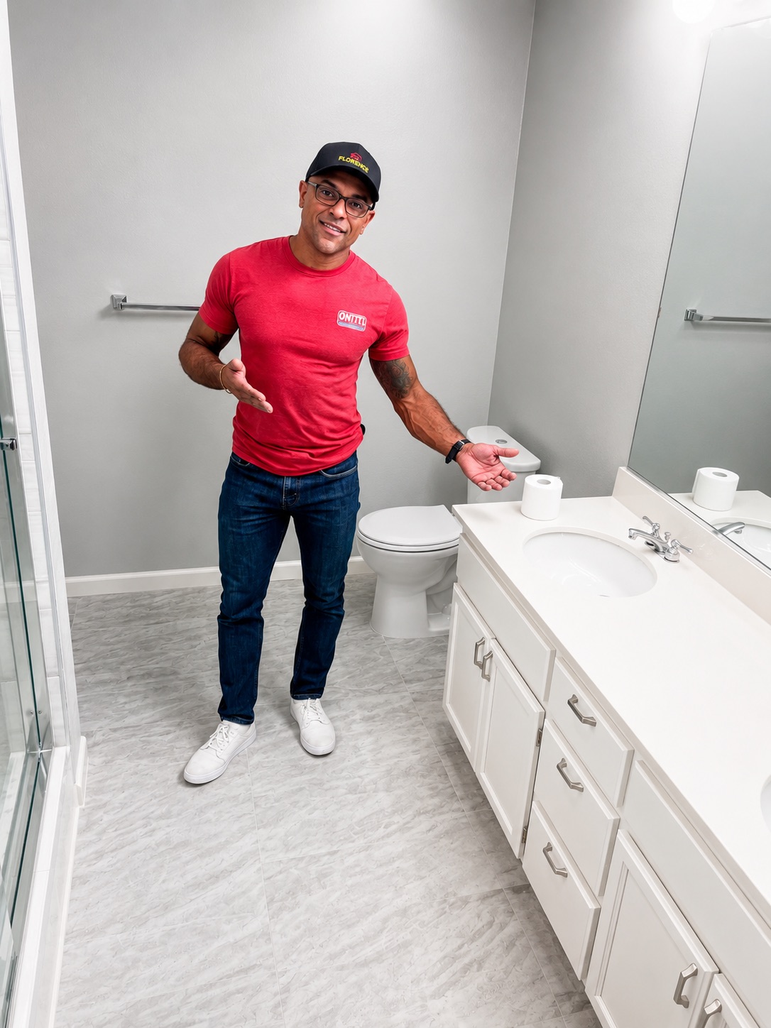 Junior, owner of Junior Elite Services, in a completed Bay Area bathroom renovation